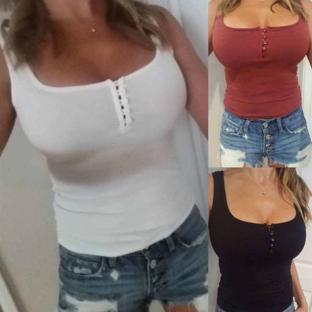 SEXY RIBBED HENLEY LOW CUT T-SHIRT TANK TOP CAMI